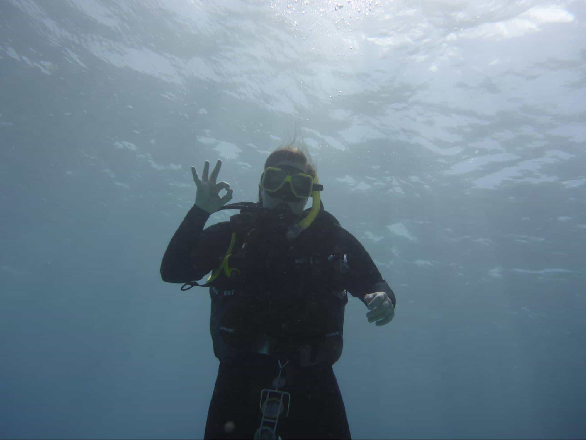 Julie scuba diving and holding up an OK sign