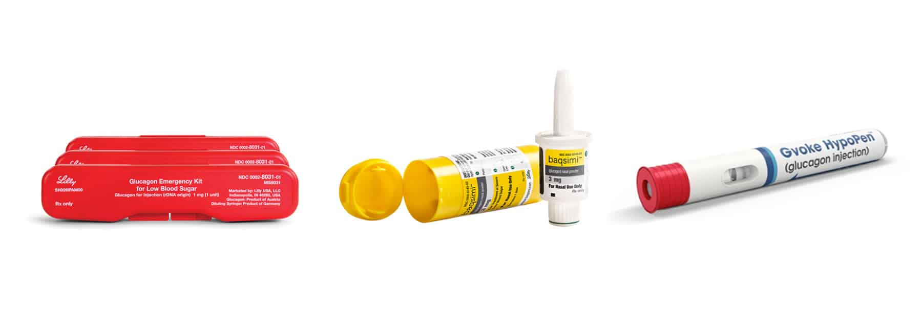 3 red glucagon injection kits, yellow baqsimi nasal glucagon, and Gvoke HypoPen